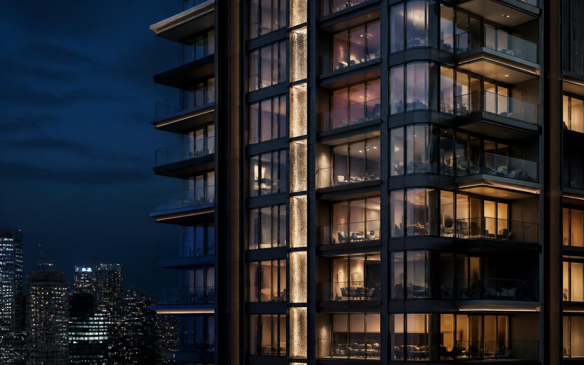 Edifício residencial contemporâneo no blue hour, com as primeiras luzes internas acesas