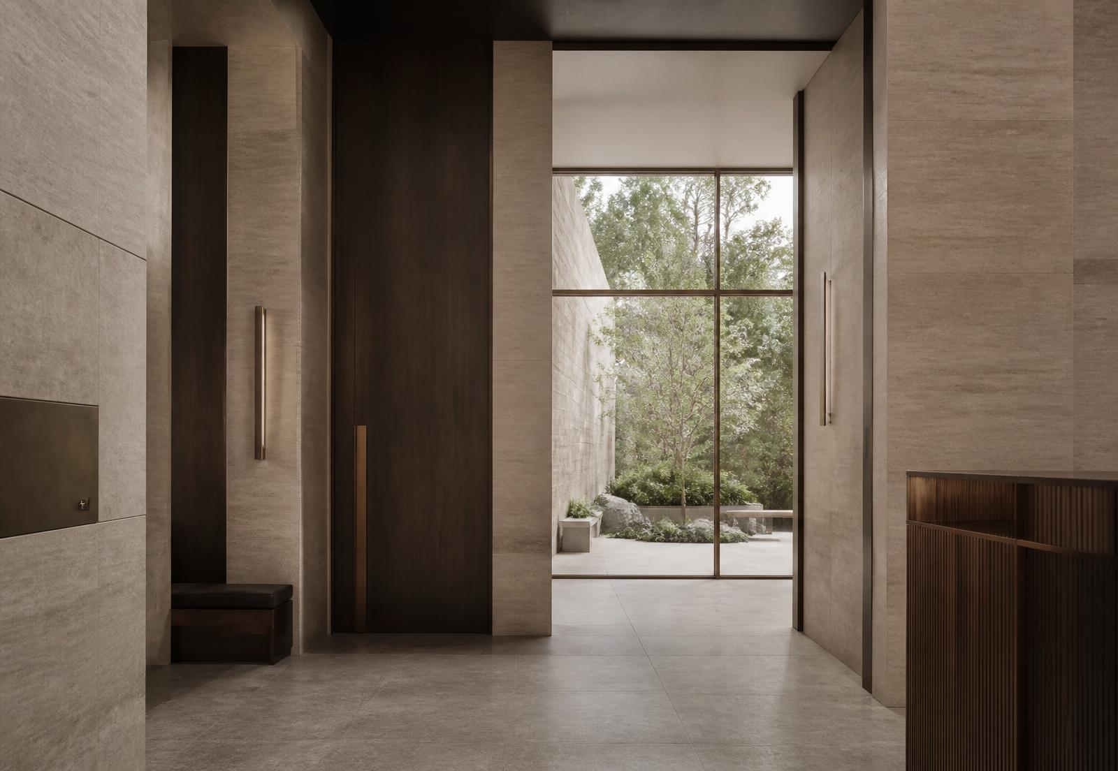 Lobby residencial em travertino, madeira escura e bronze escovado, aberto para um pátio plantado