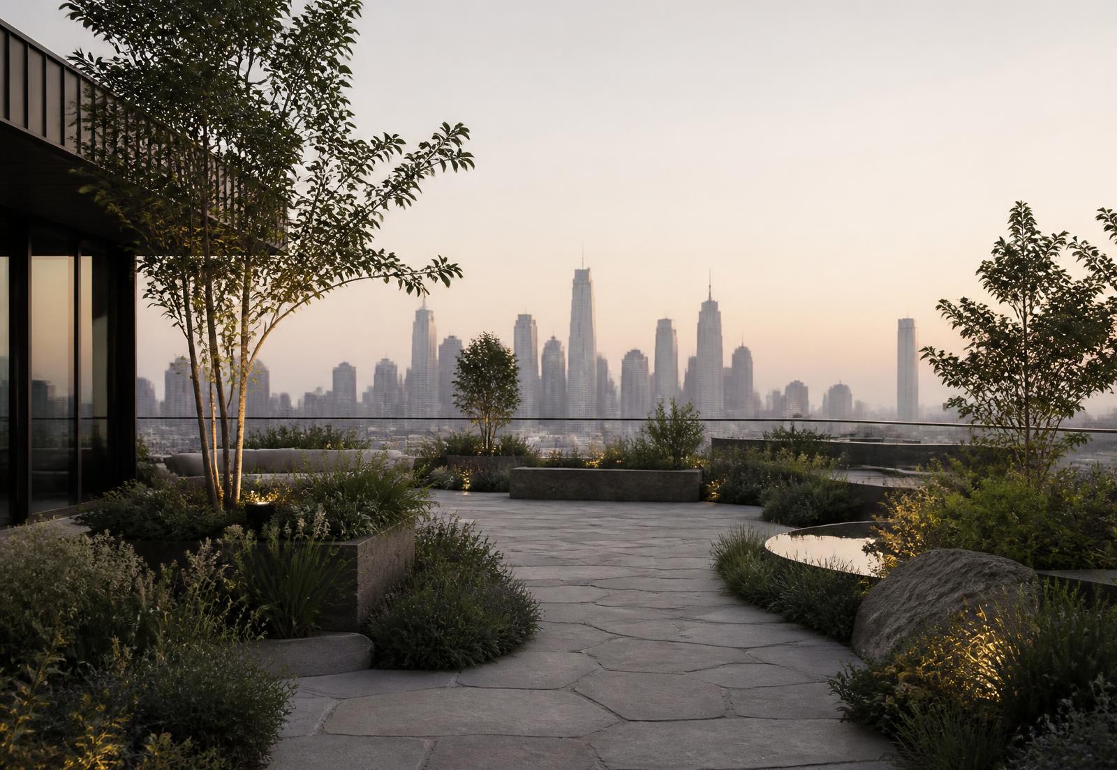 Terraço com paisagismo nativo e vista para a cidade no fim do dia