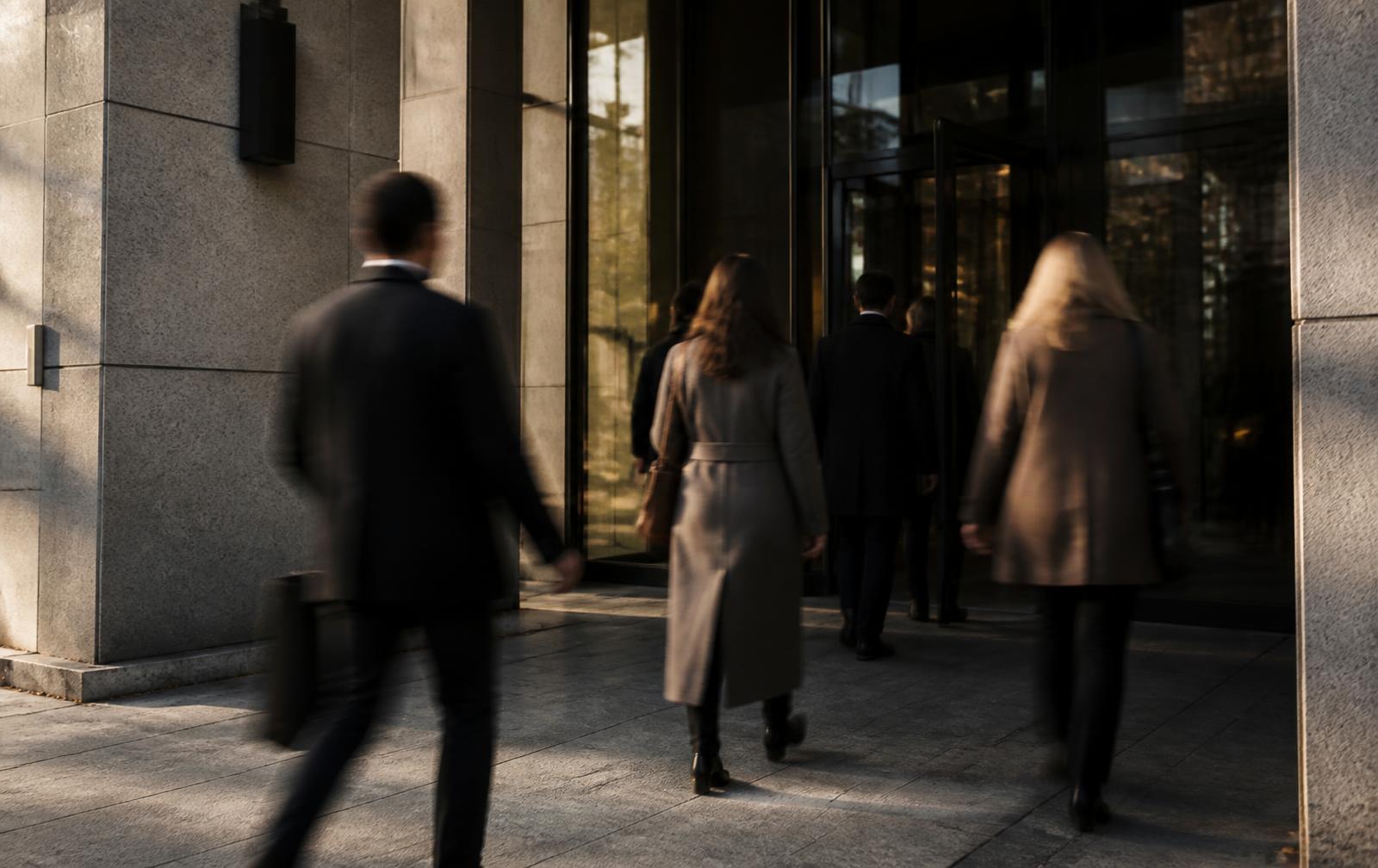 Pessoas entrando em edifício residencial premium ao fim da tarde, movimento natural