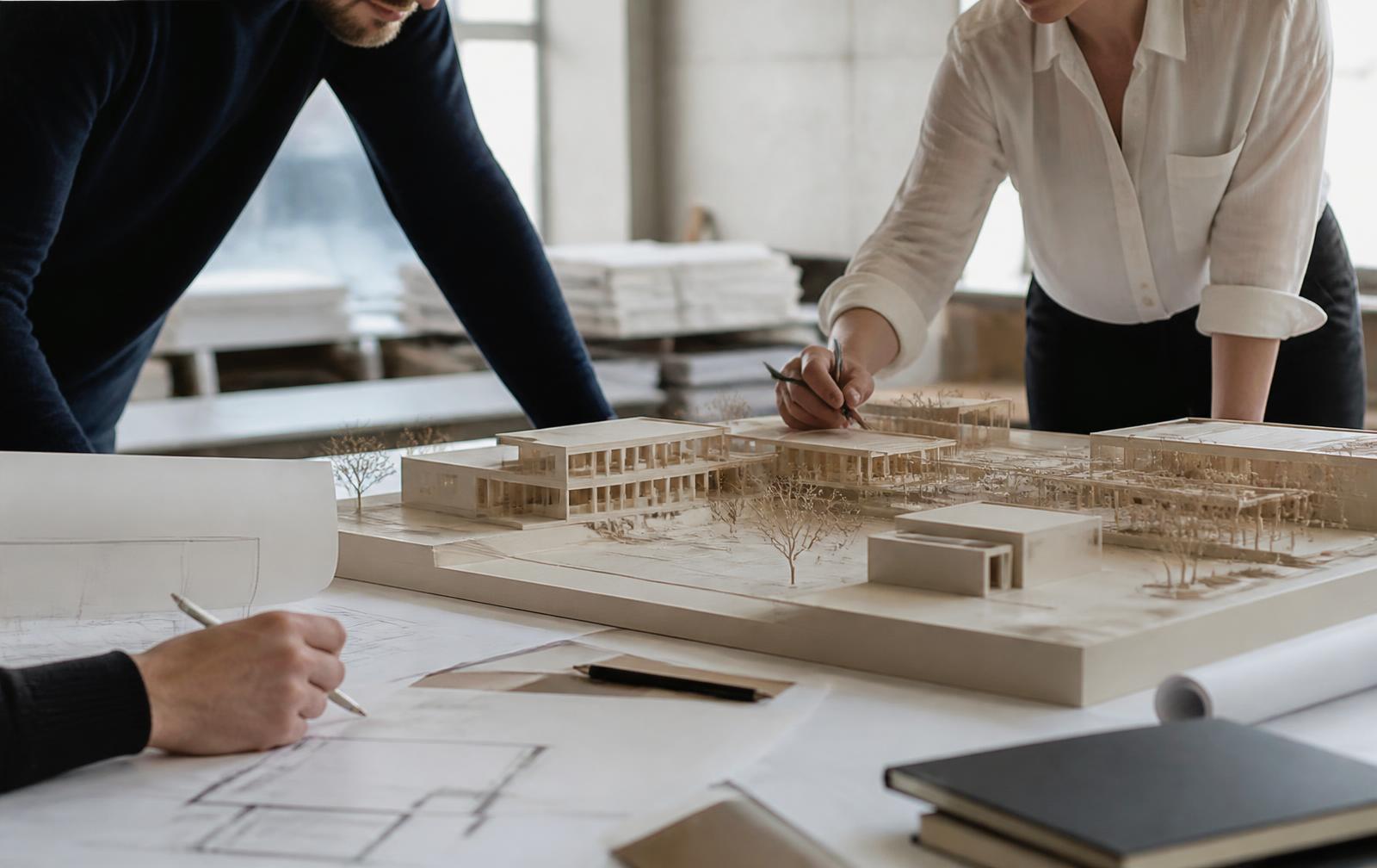 Profissionais analisando uma maquete física de arquitetura sobre a mesa de projeto