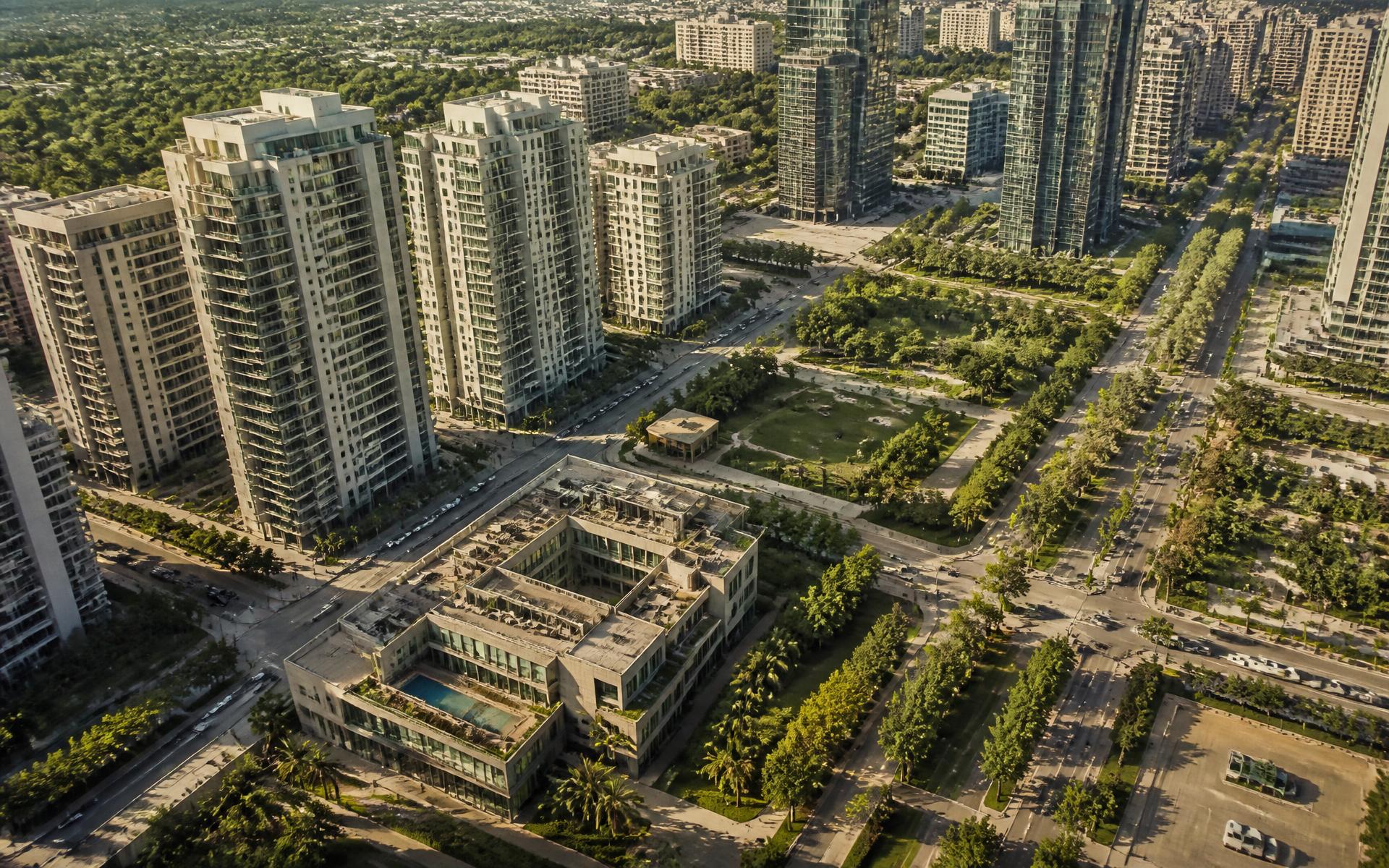 Vista aérea de distrito urbano de alto padrão com avenidas arborizadas e verticalização contemporânea
